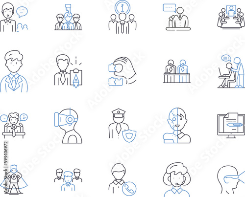 Office occupation outline icons collection. Clerk, Receptionist, Manager, Typist, Administrator, Accountant, Analyst vector and illustration concept set. Supervisor, Consultant, Secretary linear signs