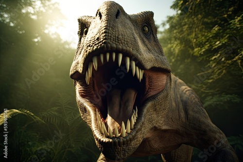 roaring dinosaur with its teeth bared. Generative AI © 2rogan
