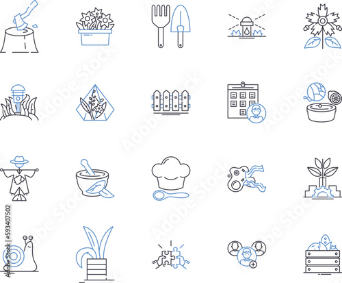 Farming business outline icons collection. Cropping, Sowing, Farming, Cultivating, Reaping, Flourishing, Tilling vector and illustration concept set. Harvesting, Agribusiness, Irrigation linear signs