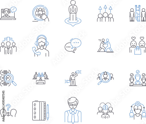 Virtual meeting outline icons collection. Online, Conferencing, Videoconferencing, Webinar, Teleconferencing, Zoom, Hangout vector and illustration concept set. Collaboration, Gatherings, Webcasting