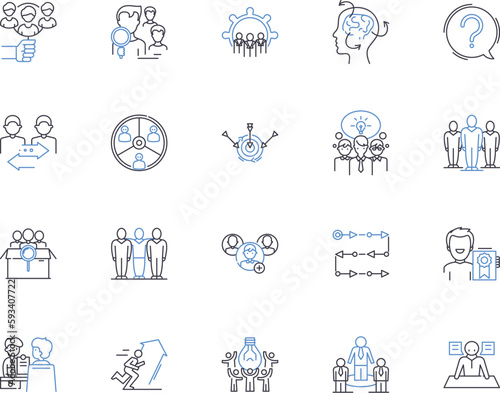 Company team outline icons collection. Company, Team, Corporate, Group, Staff, Members, Employees vector and illustration concept set. Colleagues, Executives, Managers linear signs