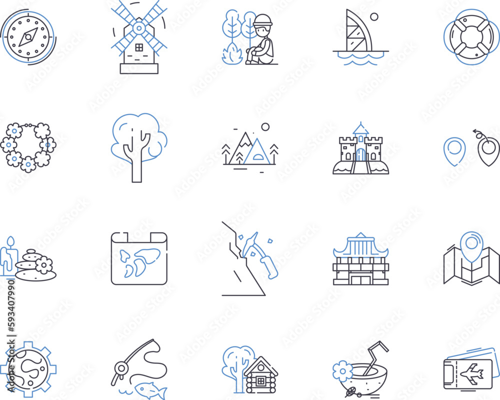 Travel company outline icons collection. Travel, Company, Tour, Vacation, Agency, Journey, Adventure vector and illustration concept set. Reservation, Flight, Cruise linear signs