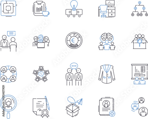 Business meeting outline icons collection. Business, Meeting, Conference, Gather, Committee, Strategy, Network vector and illustration concept set. Plan, Agenda, Negotiate linear signs