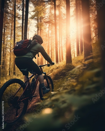 Obraz na plátne mountain bike rider forest wide angle man riding woods trail seamless wood textu