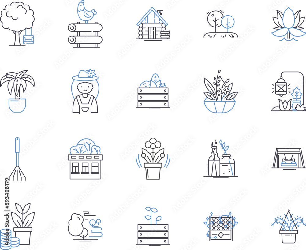Garden and design outline icons collection. Landscaping, Gardening, Interior, Exterior, Architecture, Designing, Outdoors vector and illustration concept set. Patio, Plants, Foliage linear signs