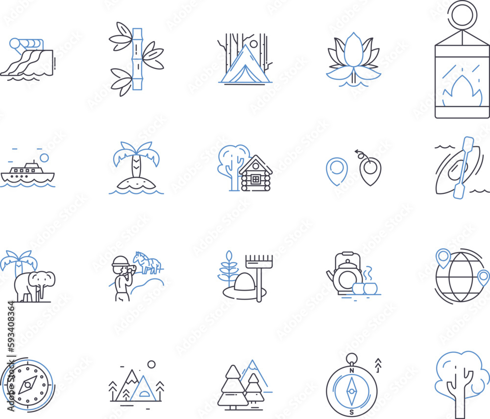 Wild nature trek outline icons collection. forest, trekking, wild, outdoors, adventure, hiking, nature vector and illustration concept set. wilderness, trees, landscape linear signs