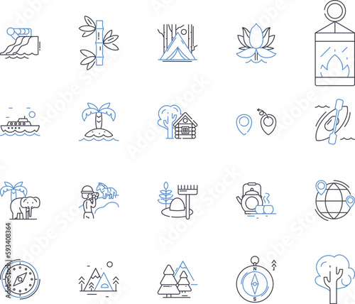 Wild nature trek outline icons collection. forest, trekking, wild, outdoors, adventure, hiking, nature vector and illustration concept set. wilderness, trees, landscape linear signs