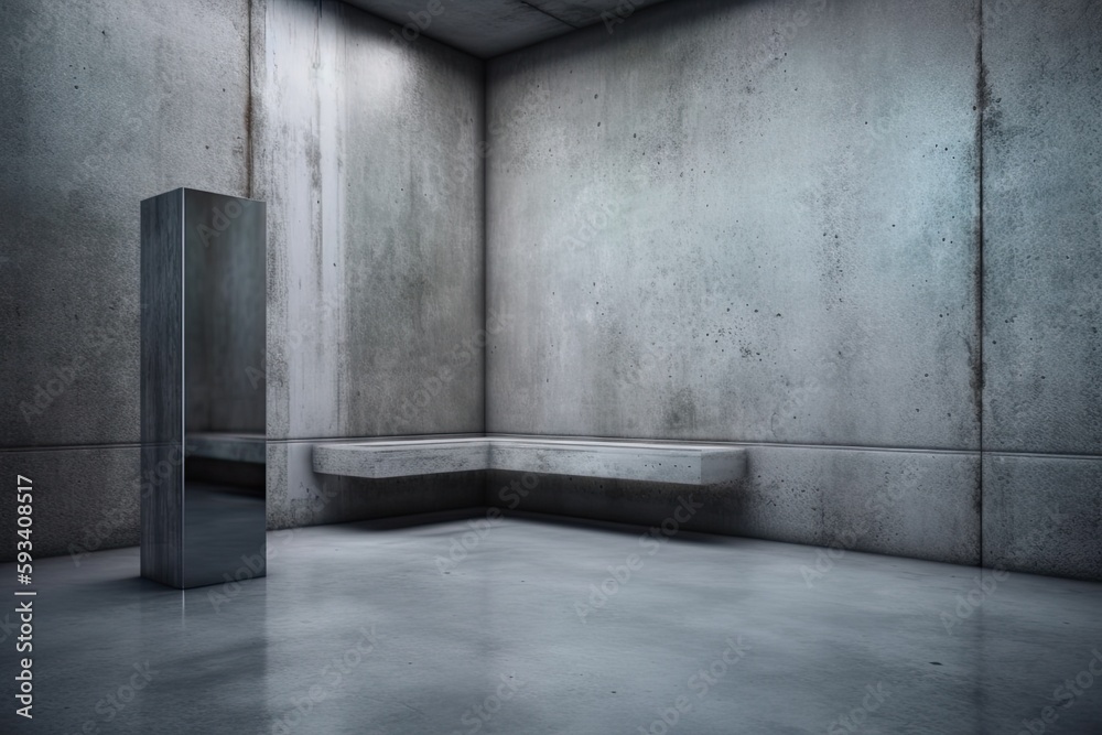 an empty concrete room with a solitary bench. Generative AI an empty concrete room with a solitary bench. Generative AI