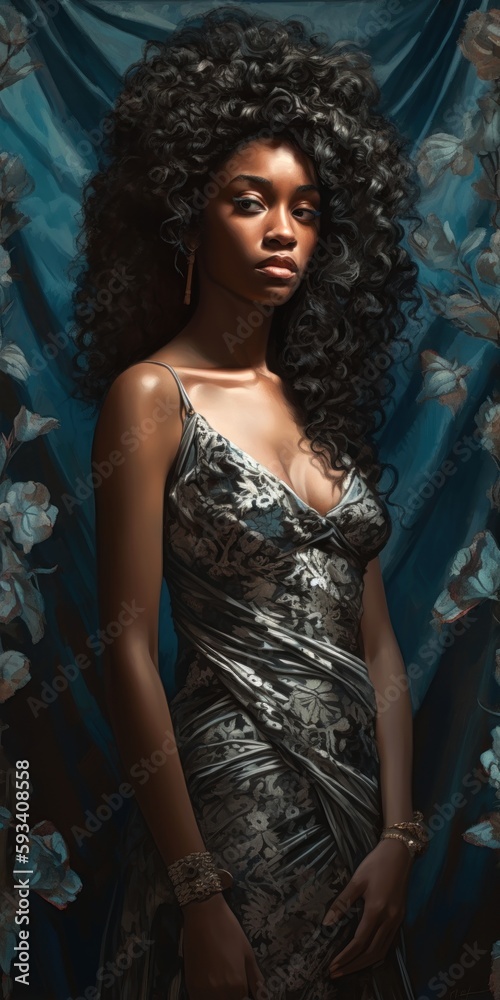 Stunning Interpretation Delicate Black Woman Loo Long Curly Hair Posing