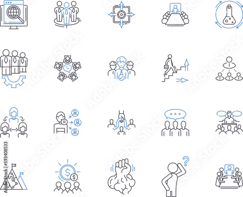 Business organization outline icons collection. Organization, Business, Management, Planning, Strategy, Team, Cooperation vector and illustration concept set. Cooperation, Structure, Goal linear signs