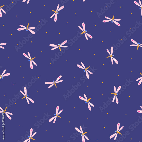 seamless pattern with cute dragonflies on blue background (ID: 593408769)