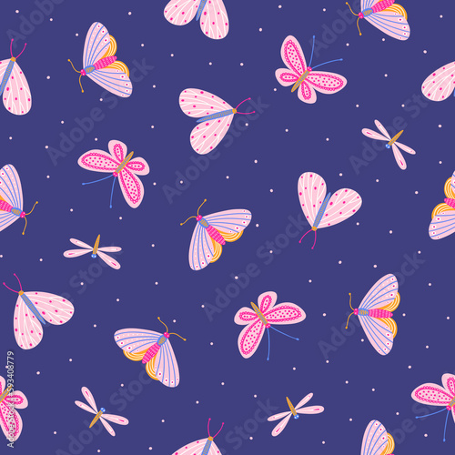 seamless pattern with colorful butterflies, moths and dragonflies on blue background (ID: 593408779)
