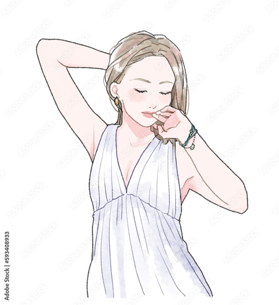 Illustration of a woman brushing her hair, upper body. Illustration of a woman brushing her hair, upper body.