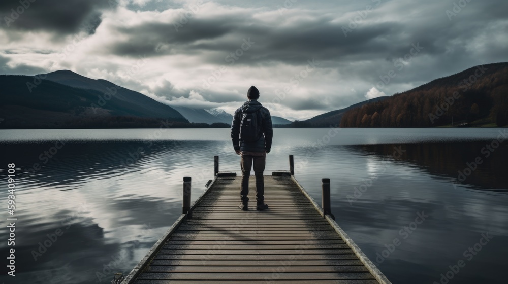 Lake view, man looking to a lake on a pier, generative ai