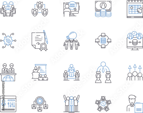Meeting and collaboration outline icons collection. Coordinating, Collaborating, Connecting, Convening, Discussing, Networking, Assembling vector and illustration concept set. Communicating, Combining