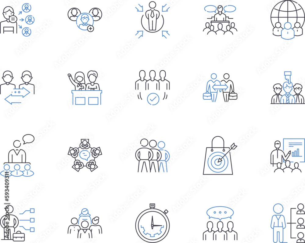 Management colleguages outline icons collection. Management, Colleges, Education, Institutions, Learning, Degrees, Programmes vector and illustration concept set. Courses, Majors, Skills linear signs