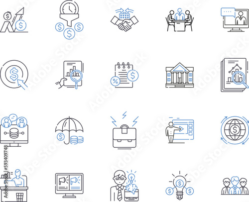 Accounting and finance outline icons collection. Accounting, Finance, Bookkeeping, Auditing, Taxation, Budgeting, CPA vector and illustration concept set. GAAP, Assets, Liabilities linear signs