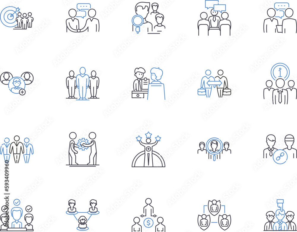 Team building outline icons collection. Teamwork, Collaboration, Communication, Bonding, Trust, Confidence, Creativity vector and illustration concept set. Goal-setting, Problem-solving, Networking