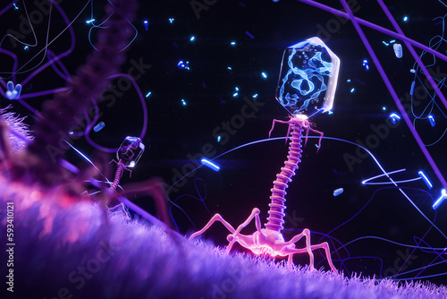 Bacteriophage or phage virus that infects a bacterium. Concept of microbiology and virology. Microworld. 3d rendering photo
