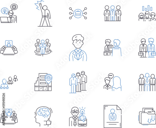 Company office outline icons collection. Office, Company, Business, Building, Space, Room, Suite vector and illustration concept set. Desk, Chair, Computer linear signs
