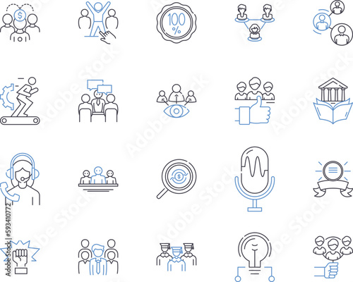 Staff studying outline icons collection. Examining, Learning, Gaining, Educating, Grasping, Delving, Investigating vector and illustration concept set. Educating, Preparing, Appraising linear signs