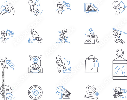 Adventure tours outline icons collection. Adventure, Tours, Journey, Trekking, Hiking, Rocky, Exploring vector and illustration concept set. Safari, Wild, Mountains linear signs