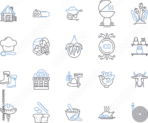 Farming factory outline icons collection. Farming, Factory, Agriculture, Crop, Cultivation, Grower, Harvester vector and illustration concept set. Tractor, Sowing, Plowing linear signs