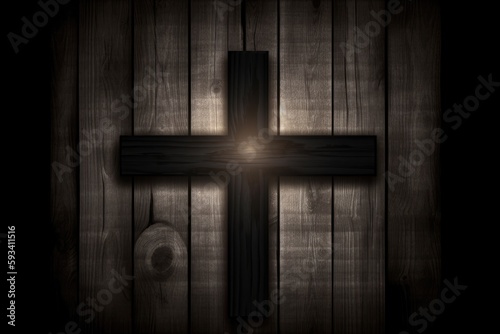 wooden cross with a bright light shining through it. Generative AI