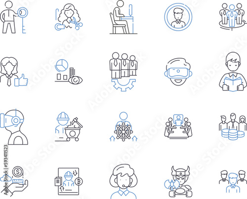 Office job outline icons collection. Office, Job, Administrative, Clerk, Manager, Secretary, Assistant vector and illustration concept set. Human, Resources, Analyst linear signs