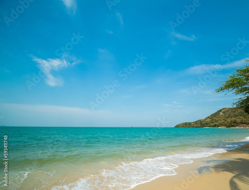 Beautiful Landscape summer panorama front view wide mountain tropical sea beach white sand clean and blue sky background calm Nature ocean wave water travel at Sai Kaew Beach thailand Chonburi