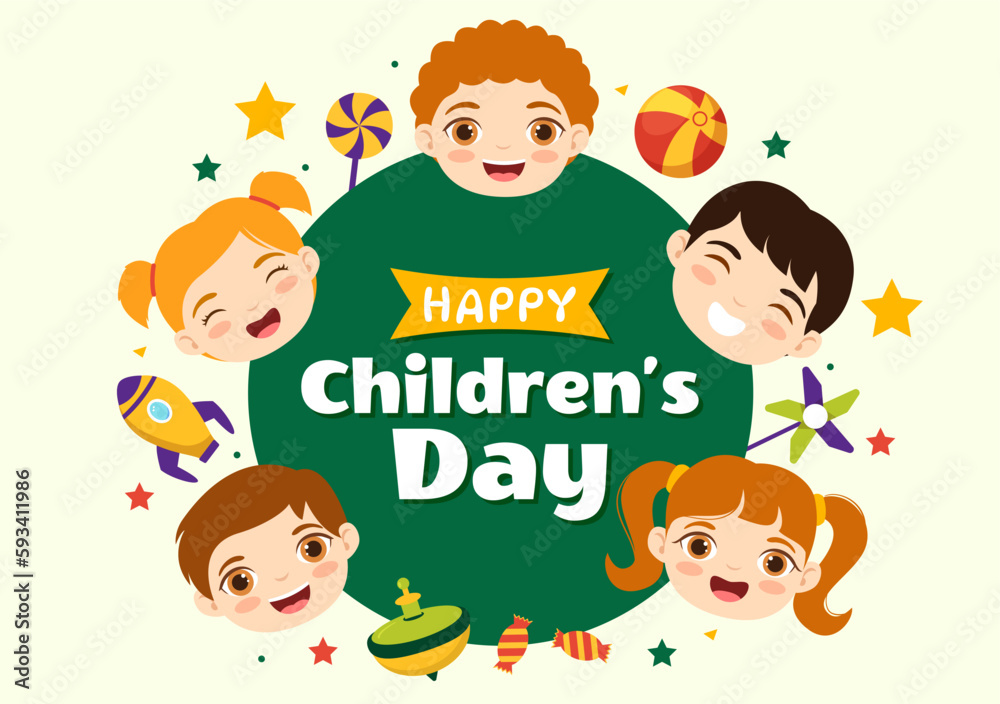 Happy Children Day Vector Illustration with Boy and Girl Kids in Toys on Background Flat Cartoon Hand Drawn for Web Banner or Landing Page Templates