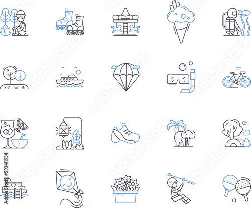 Summer vacation outline icons collection. Holiday, Trip, Relaxation, Sunshine, Escapade, Getaway, Amusement vector and illustration concept set. Scenery, Adventure, Journey linear signs