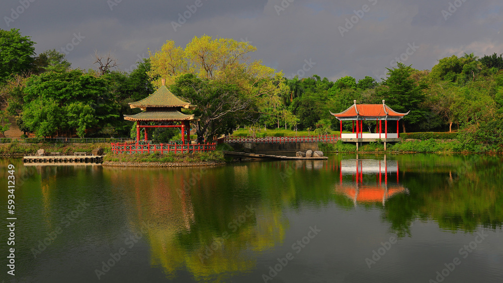  Early morning tranquil,romantic and beautiful Chinese gazebo,vast lake ,tree,Chengcing Lake, Taiwan ,for branding,calender,postcard,screensave,wallpaper,poster,banner,cover,website.High quality photo