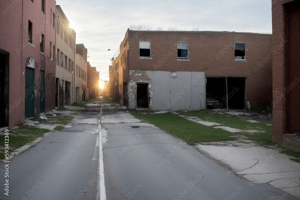 Generate an image of a dead-end alley with an abandoned car in the middle, with flat tires and broken windows. Generative AI