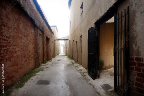 dead-end alley with a heavy iron door at the end  as if it were an abandoned prison. Generative AI