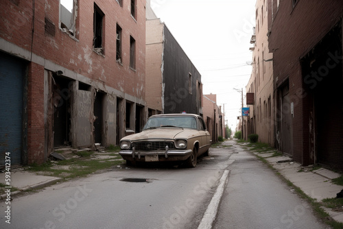 Generate an image of a dead-end alley with an abandoned car in the middle, with flat tires and broken windows. Generative AI © Carlos Cainã