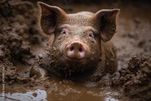 playful pig covered in mud peering out of a muddy hole. Generative AI