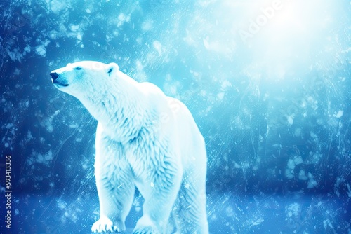 majestic polar bear standing on a snow-covered rock in the Arctic. Generative AI