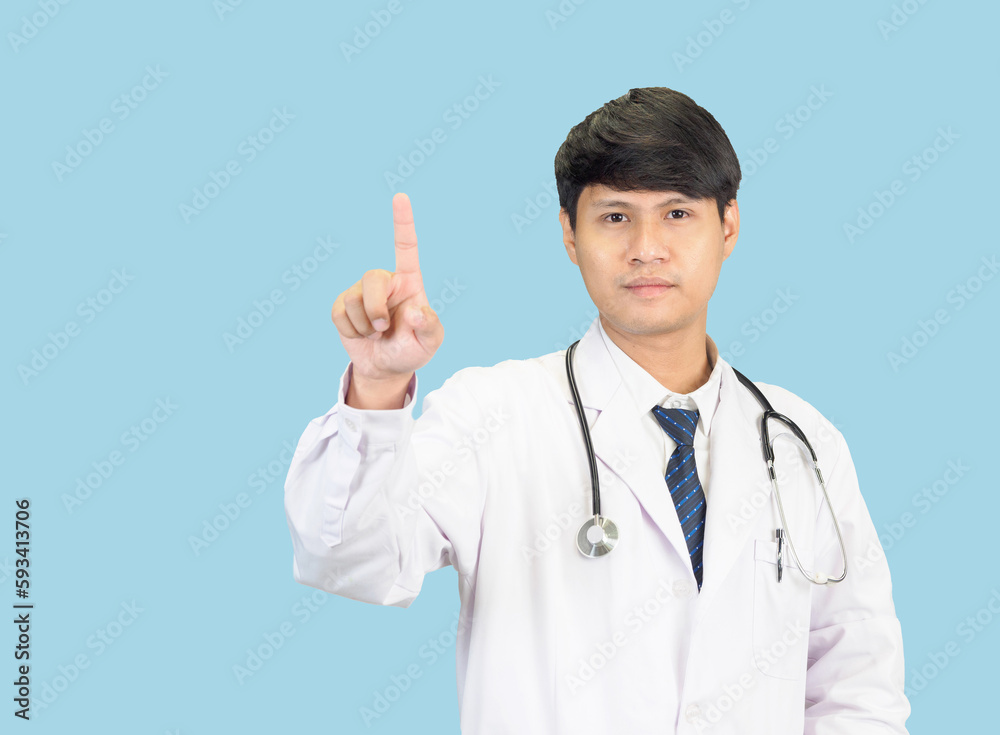 Asian man student scientist or doctor one person, wearing a white gown, standing, looking and smiling, blue background with a stethoscope auscultating the heart around his neck. Asian man student scientist or doctor one person, wearing a white gown, standing, looking and smiling, blue background with a stethoscope auscultating the heart around his neck.