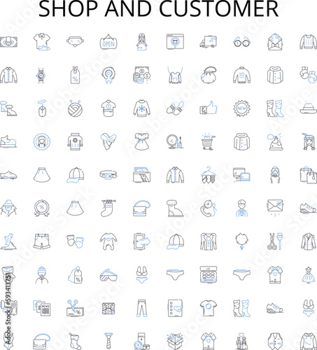 Shop and customer outline icons collection. Shop, Customer, Shopping, Buyer, Store, Purchaser, Retail vector illustration set. Buy, Merchant, Seller linear signs