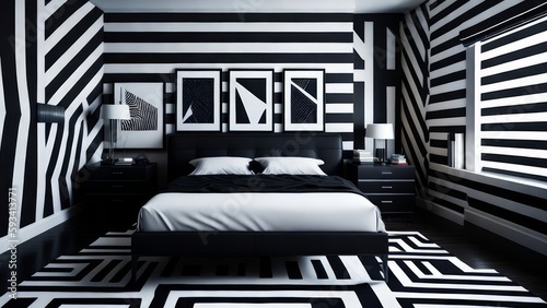 A modern mockup of a bright and spacious bedroom created as a digital illustration with bold colors and clean lines