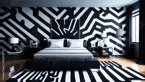 A modern mockup of a bright and spacious bedroom created as a digital illustration with bold colors and clean lines
