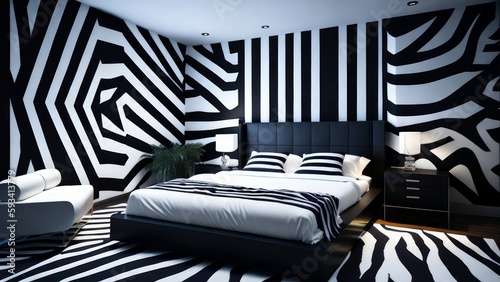 A modern mockup of a bright and spacious bedroom created as a digital illustration with bold colors and clean lines