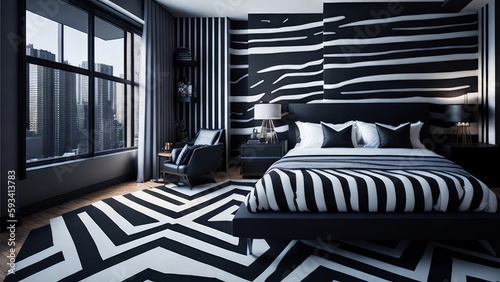 A modern mockup of a bright and spacious bedroom created as a digital illustration with bold colors and clean lines