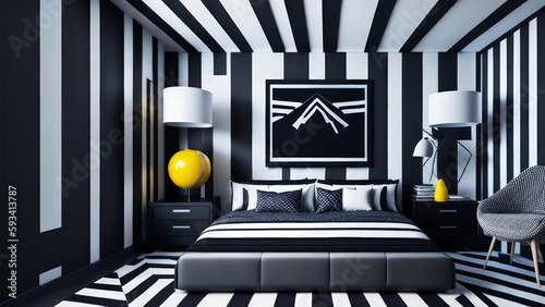 A modern mockup of a bright and spacious bedroom created as a digital illustration with bold colors and clean lines