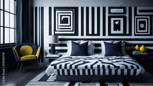 A modern mockup of a bright and spacious bedroom created as a digital illustration with bold colors and clean lines