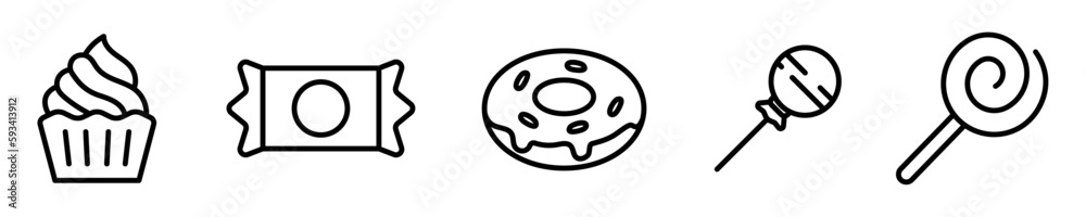 Fototapeta premium Conjunto de iconos de dulces y postres. Golosinas, caramelo, chocolate, paleta. Ilustración vectorial