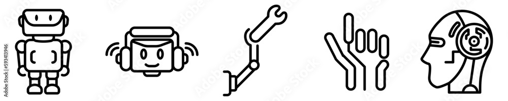 Conjunto de iconos de robótica. Concepto de tecnología cibernética. Robot, asistente virtual, configuración tecnológica, ciborg. Ilustración vectorial Conjunto de iconos de robótica. Concepto de tecnología cibernética. Robot, asistente virtual, configuración tecnológica, ciborg. Ilustración vectorial