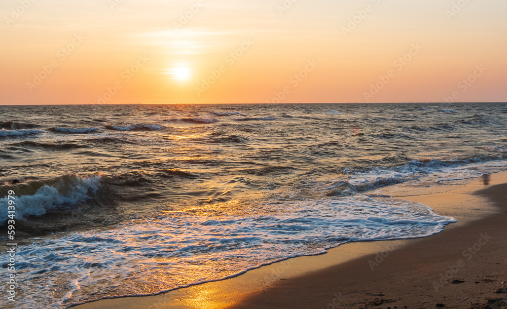 Fototapeta premium Panorama viewpoint landscape travel summer sea wind wave cool on holiday calm coastal big sun set sky light orange golden Nature tropical Beautiful evening hourday At Bang san Beach Chonburi Thailand.