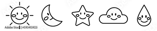 Conjunto de iconos de sol, luna, estrella, nube, gota de agua animadas. Ilustración vectorial